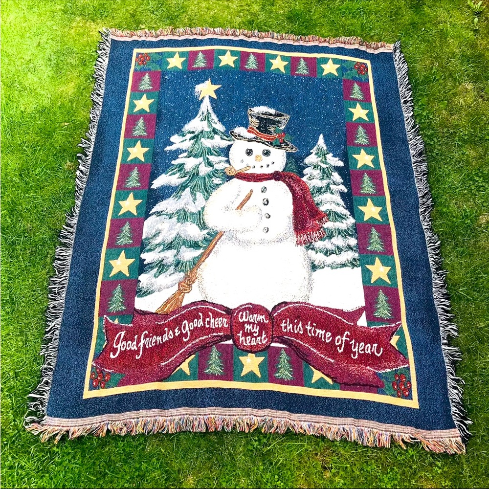 Vintage Home Interiors Throw Blanket Holiday Snowman Tapestry 48x65 Made In USA